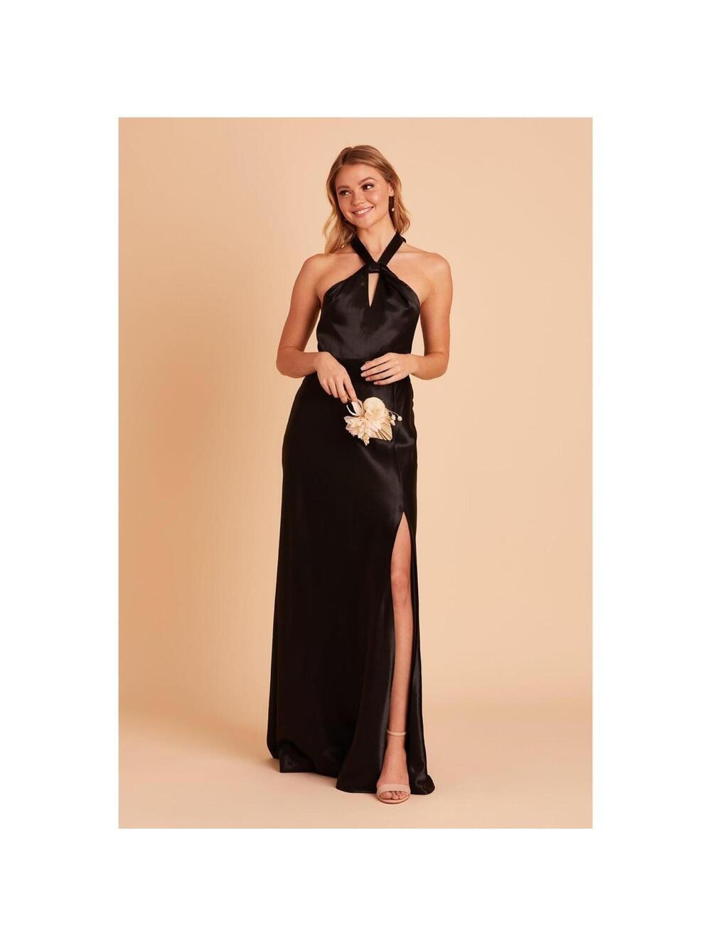 Birdy Grey Black Satin Halter Evening Gown with Slit